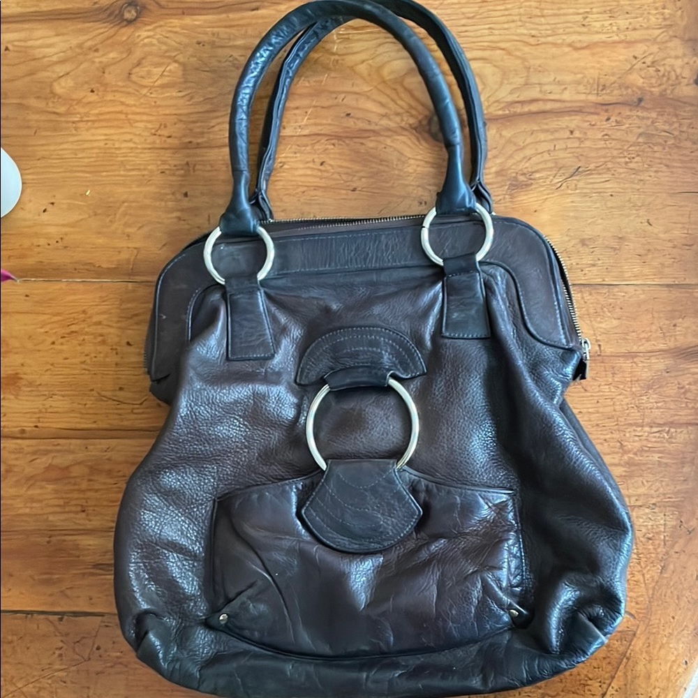 Brown Shoulder Bag with Slouchy Shape and Leather Material